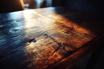 Close Up of Brown Wooden Table Surface with Sun Light Reflection in Dark Room