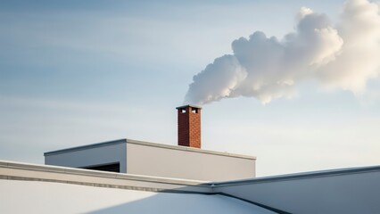 Industrial chimney emitting thick white smoke against a clear sky.