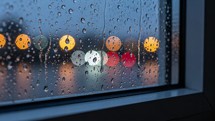 Raindrops on the window in the evening with blurred city lights