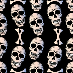Seamless pattern with skull and bones. Halloween vector background.