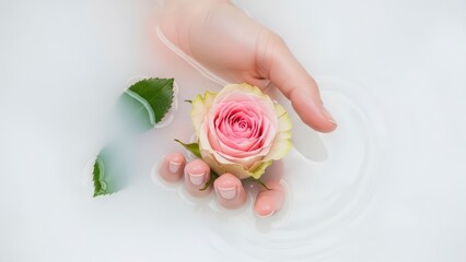 Hand Gently Holding a Delicate Pink and Yellow Rose in a White Background.