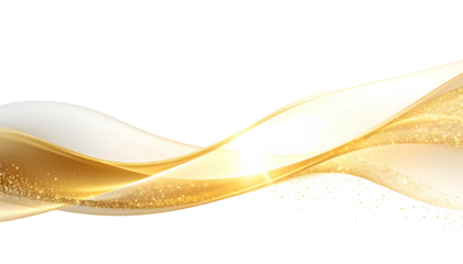 Abstract gold and white ribbon waves on a black background with sparkles