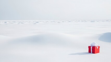 Red Gift Box in a Vast, Serene Winter Landscape with Snow and Ice.