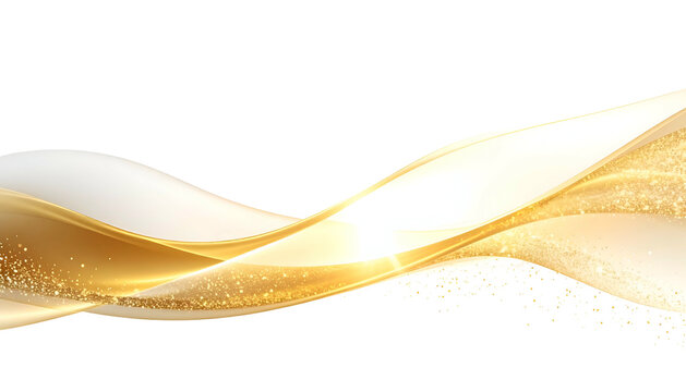 Abstract gold and white ribbon waves on a black background with sparkles