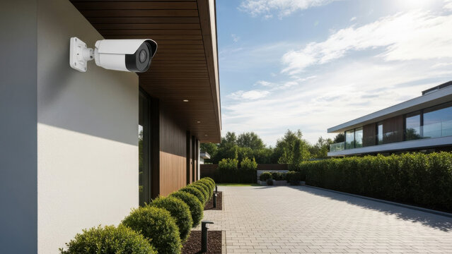 Private Property Protection: White bullet security camera mounted on modern house wall overlooking paved driveway