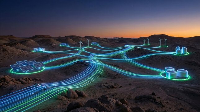 Futuristic smart city infrastructure with glowing connected buildings and autonomous transport network at dusk