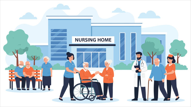 Caregivers and medical staff helping senior people in nursing home.