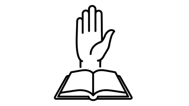 Open Book with Hand Raised Above Symbolizing Oath.
