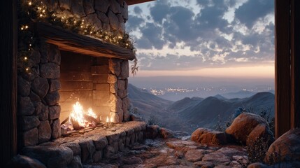 elegant festive fireplace mantle on a mountain top,