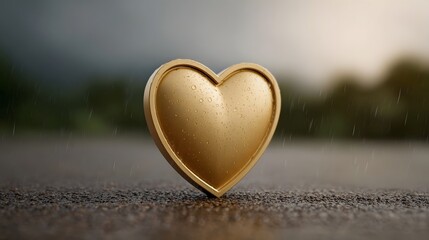 Fototapeta premium A golden heart symbol covered in water droplets rests on a wet surface during a rainy day