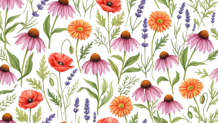 Watercolor wildflower bouquet pattern with poppies coneflowers and lavender isolated on transparent background