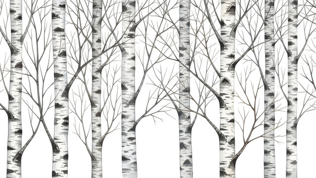 Black and white birch tree trunks pattern seamless forest texture isolated on transparent background