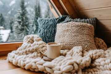 Cozy Winter Still Life with White Blanket, Pillows, Cream Mug, and Snowy Mountain View from Cabin Window on a Wooden Table