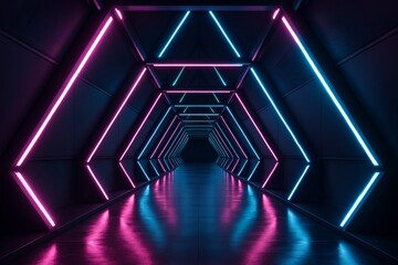Futuristic tunnel with glowing neon lights in pink and blue, reflecting on glossy floor in dark sci-fi corridor concept. Ai generative