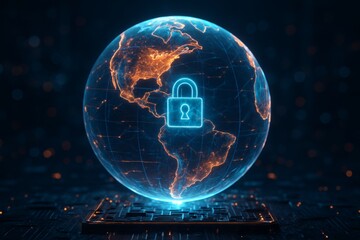 Futuristic glowing digital globe with cybersecurity padlock symbol representing global data protection and encryption technology network system concept. Ai generative