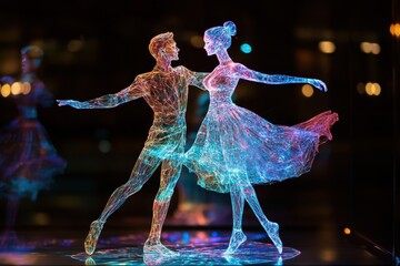 Dancing couple illuminated by colorful light in abstract art display at night