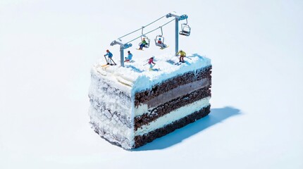 Miniature skiers and ski lift on slice of chocolate layer cake with white frosting
