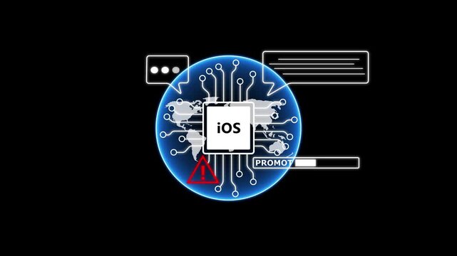 Digital circuit board with IOS text and warning symbol on black background cost per acquisition technology. 4k animation video