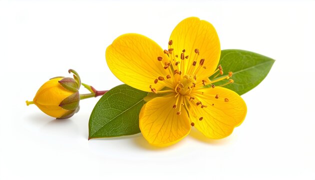 Vibrant Yellow Hypericum Flower and Bud with Green Leaves on White Background.