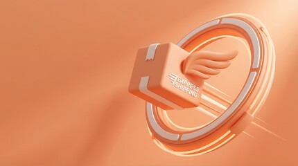 Fast 3d delivery box with white wings and speed lines in abstract orange studio