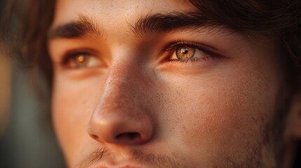 Obraz premium Close up portrait of a young man s thoughtful gaze during golden hour bathed in warm soft sunlight