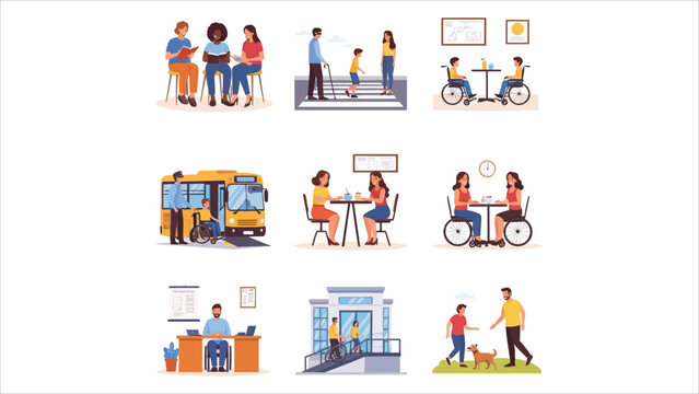 Diverse disabled people daily life and assistance vector illustration set.