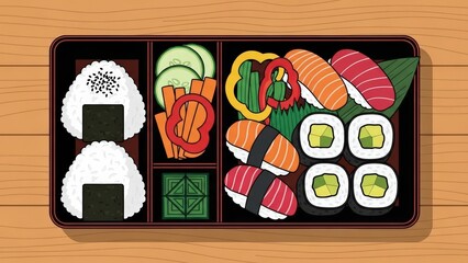 Delicious Bento Box with Sushi and Onigiri on Wooden Table.