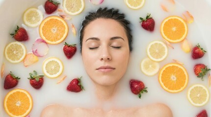 Young woman lying in milk bath with eyes closed amidst floating fruit slices