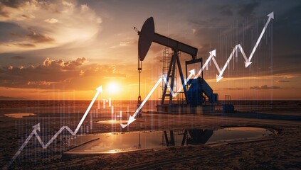 Energy market growth concept featuring oil pump jack at sunset with financial data overlay
