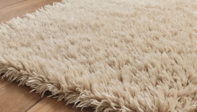 Close-up of a fluffy, textured rug with varying shades of beige.