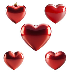 Glossy Red Heart Ornaments Collection on Transparent Background
