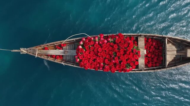 Aerial view of a crowded passenger boat filled with people wearing red life jackets on open water.