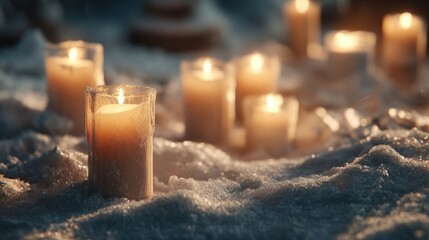 elegant holiday candles lit outdoors in the cold,