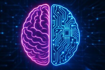Glowing human brain split into organic and digital sides symbolizing artificial intelligence and human-computer integration on dark tech background. Ai generative