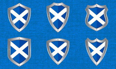 Set of metal shields with the Scottish flag