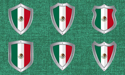 Set of metal shields with the Mexican flag