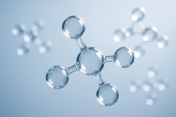 Transparent glass-style molecular structure floating on soft blue background symbolizing scientific innovation and chemical research concept. Ai generative