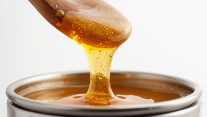 Close up of honey flow showcasing pure organic syrup texture and natural food product
