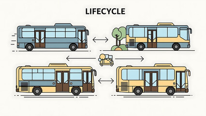 Conceptual illustration of the dynamic lifecycle and evolutionary transformation process for urban public transport vehicles, depicting bus development and adaptation stages