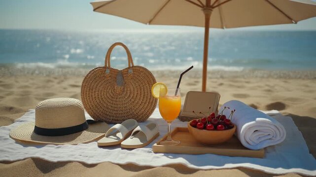 Sunny beachside picnic setup with umbrella, hat, basket, and assortment of fruit and beverages on the sandy shore.