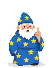 Elderly wizard in blue robe with yellow stars pointing upward.