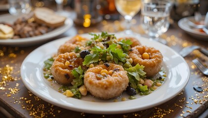 A plate of chicken served with rice and fresh vegetable salad