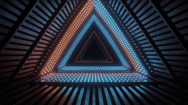 Futuristic triangular tunnel with blue and pink neon lighting, dramatic perspective inside a geometric architectural corridor.