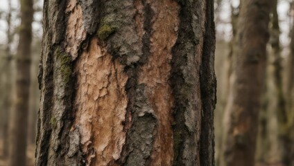 Obraz premium Close-up of a pine tree trunk with textured bark in a forest setting.