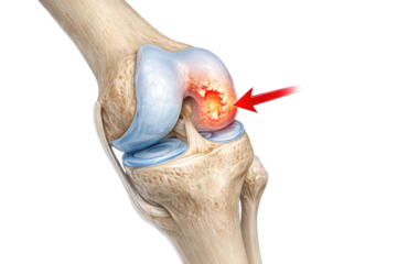 Knee joint anatomy showing femur tibia cartilage damage inflammation pain area with internal structure detail isolated on white background