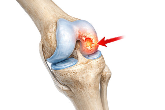 Knee joint anatomy showing femur tibia cartilage damage inflammation pain area with internal structure detail isolated on white background