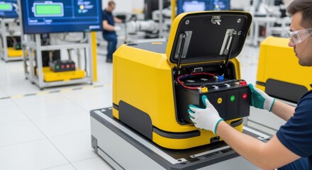 Bright clean assembly area where smart warehouse robots undergo battery replacement emphasizing safety and efficiency in automation.