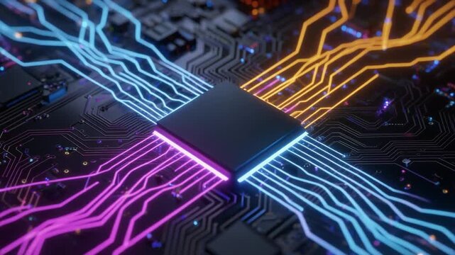 Neon-Illuminated Microchip Circuitry Highlighting Advanced Digital Technology.