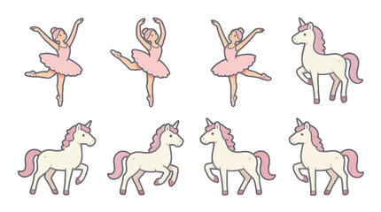 Set of Cute Ballerinas and Unicorns in Pink Illustrations