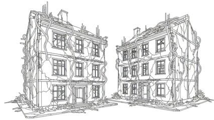 Detailed line art rendering of two dilapidated buildings consumed by nature, depicting urban decay